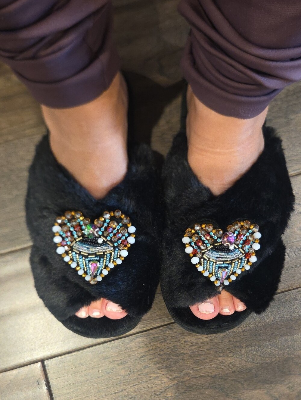 Black Faux Fur Beaded Heart Slide Slippers - Women
